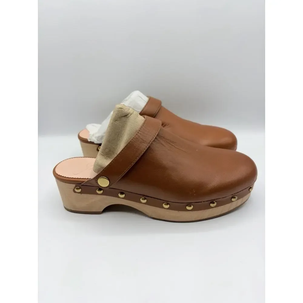 J.Crew Grace Convertible Leather Clogs Wooden Sole Studded Brown 7.5 Excellent
